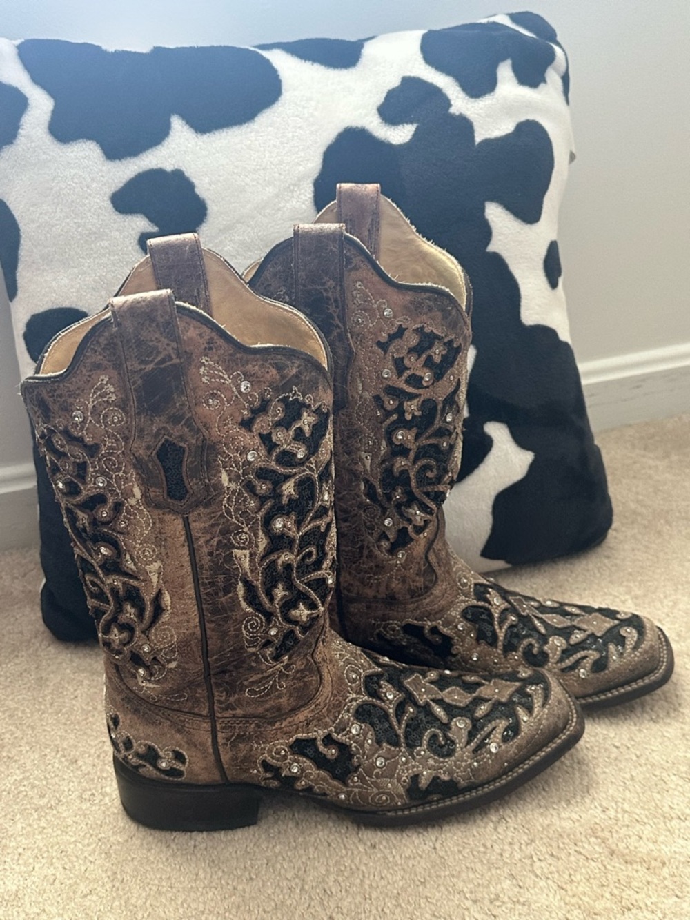 Corral Brown and Black Embroidered Western Accent Boots Pillow Display
